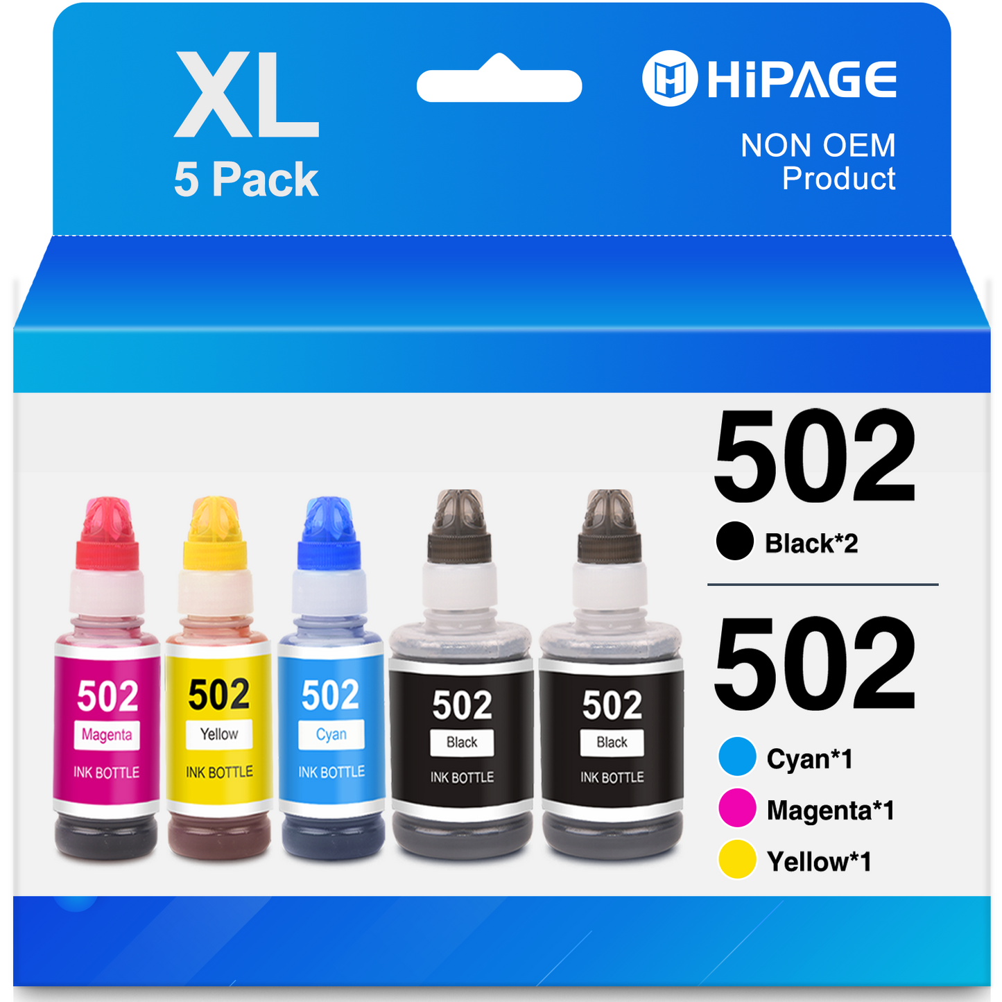 502 Ink Bottle for Epson 502 Ink for Epson 502 Ink Bottles EcoTank for Epson ET-2760, ET-3710, ET-3750, ET-4760, ET-4850, ET-15000 Printer (2 Black Cyan Magenta Yellow, 5 Pack)