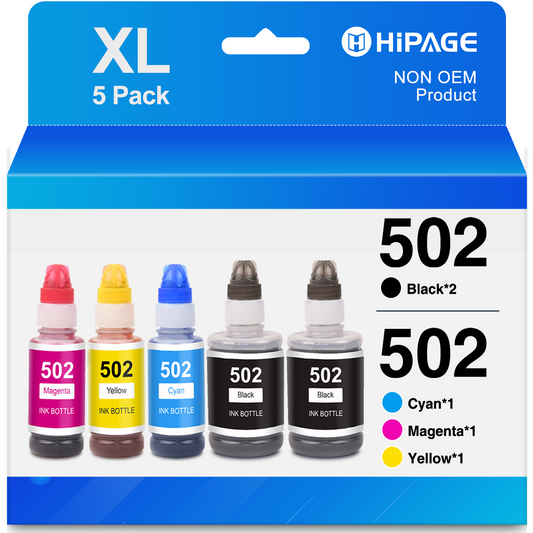 502 Ink Bottle for Epson 502 Ink for Epson 502 Ink Bottles EcoTank for Epson ET-2760, ET-3710, ET-3750, ET-4760, ET-4850, ET-15000 Printer (2 Black Cyan Magenta Yellow, 5 Pack)
