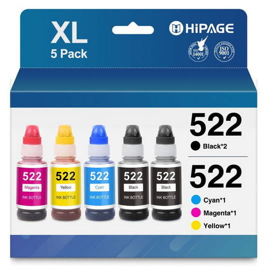 522 Ink Bottles for Epson 522 Ink Bottles for Epson 522 Ink Refill Bottles for Epson EcoTank ET-2720 ET-2800 ET-2840 ET-4700 ET-4800 ET-4810 Printer (2 Black Cyan Magenta Yellow, 5 Pack)